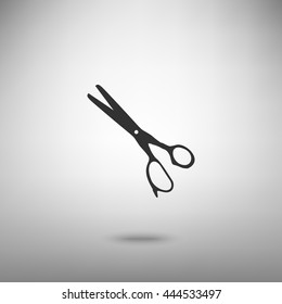 Scissors sign illustration. Dark gray icon with shadow on floor.