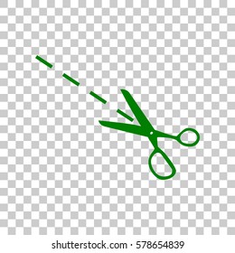 Scissors sign illustration. Dark green icon on transparent background.