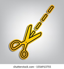 Scissors sign illustration. Flat orange icon with overlapping linear black icon with gray shadow at whitish background. Illustration.