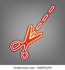 Scissors sign illustration. Flat red icon with linear white icon with gray shadow at grayish background. Illustration.