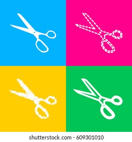 Scissors sign illustration. Four styles of icon on four color squares.