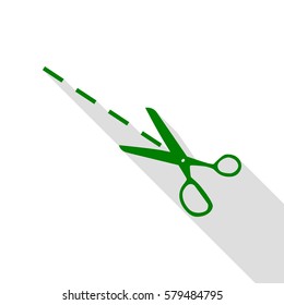 Scissors sign illustration. Green icon with flat style shadow path.