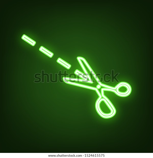 Scissors sign illustration. Green neon icon\
in the dark. Blurred lightening.\
Illustration.