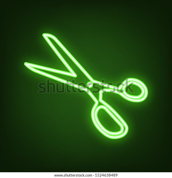 Scissors sign illustration. Green neon icon\
in the dark. Blurred lightening.\
Illustration.