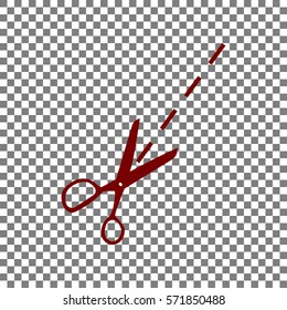 Scissors sign illustration. Maroon icon on transparent background.
