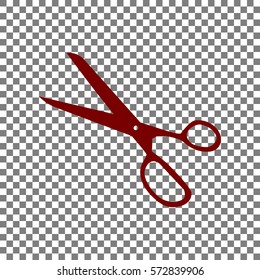 Scissors sign illustration. Maroon icon on transparent background.