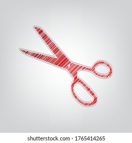 Scissors sign illustration. Red gradient scribble Icon with artistic contour gray lines on light gray Background. Illustration.