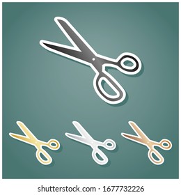 Scissors sign illustration. Set of metallic Icons with gray, gold, silver and bronze gradient with white contour and shadow at viridan background. Illustration.