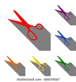 Scissors sign illustration. Set of red, orange, yellow, green, blue and violet icons at white background with flat shadow.