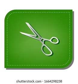 Scissors sign illustration. Silver gradient line icon with dark green shadow at ecological patched green leaf. Illustration.