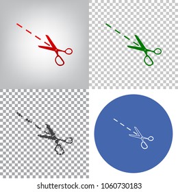 Scissors sign illustration. Vector. 4 styles. Red gradient in radial lighted background, green flat and gray scribble icons on transparent and linear one in blue circle.