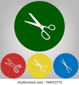 Scissors sign illustration. Vector. 4 white styles of icon at 4 colored circles on light gray background.