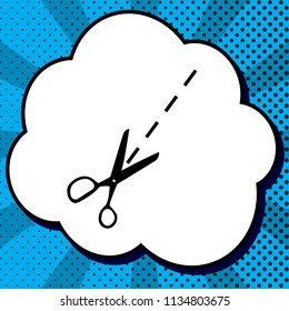 Scissors sign illustration. Vector. Black icon in bubble on blue pop-art background with rays.