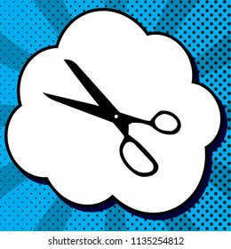 Scissors sign illustration. Vector. Black icon in bubble on blue pop-art background with rays.