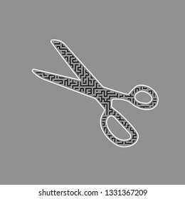 Scissors sign illustration. Vector. Black maze filled icon with white border at gray background.