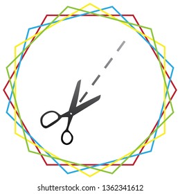 Scissors sign illustration. Vector. Black icon with patch of light inside colorful hexagonal frames at white background.
