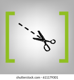 Scissors sign illustration. Vector. Black scribble icon in citron brackets on grayish background.