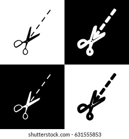 Scissors sign illustration. Vector. Black and white icons and line icon on chess board.