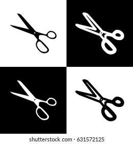 Scissors sign illustration. Vector. Black and white icons and line icon on chess board.