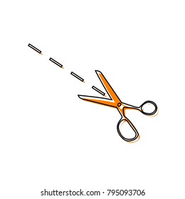 Scissors sign illustration. Vector. Black line icon with shifted flat orange filled icon on white background. Isolated.