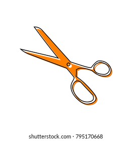 Scissors sign illustration. Vector. Black line icon with shifted flat orange filled icon on white background. Isolated.