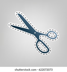 Scissors sign illustration. Vector. Blue icon with outline for cutting out at gray background.