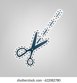 Scissors sign illustration. Vector. Blue icon with outline for cutting out at gray background.