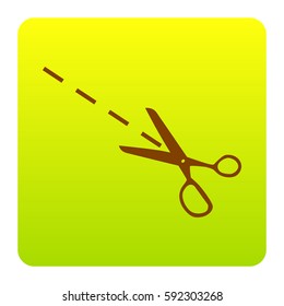 Scissors sign illustration. Vector. Brown icon at green-yellow gradient square with rounded corners on white background. Isolated.