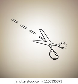 Scissors sign illustration. Vector. Brush drawed black icon at light brown background.