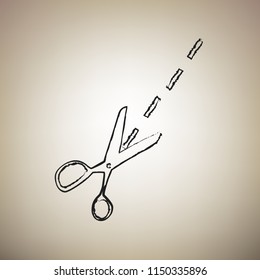 Scissors sign illustration. Vector. Brush drawed black icon at light brown background.