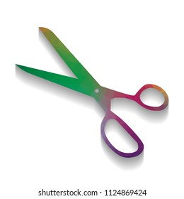 Scissors sign illustration. Vector. Colorful icon with bright texture of mosaic with soft shadow on white background. Isolated.