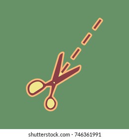 Scissors sign illustration. Vector. Cordovan icon and mellow apricot halo with light khaki filled space at russian green background.