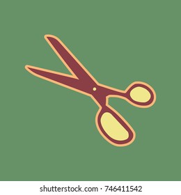 Scissors sign illustration. Vector. Cordovan icon and mellow apricot halo with light khaki filled space at russian green background.