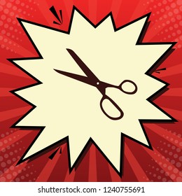 Scissors sign illustration. Vector. Dark red icon in lemon chiffon shutter bubble at red popart background with rays.