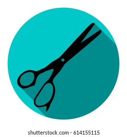 Scissors sign illustration. Vector. Flat black icon with flat shadow on royal yellow circle with white background. Isolated.