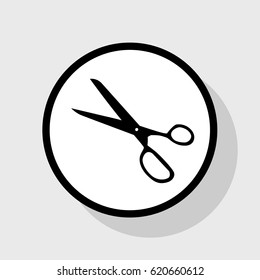 Scissors sign illustration. Vector. Flat black icon in white circle with shadow at gray background.