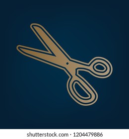 Scissors sign illustration. Vector. Golden icon and border at dark cyan background.