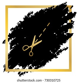 Scissors sign illustration. Vector. Golden icon at black spot inside golden frame on white background.