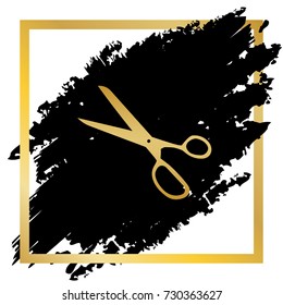 Scissors sign illustration. Vector. Golden icon at black spot inside golden frame on white background.
