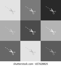 Scissors sign illustration. Vector. Grayscale version of Popart-style icon.