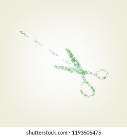 Scissors sign illustration. Vector. Green hexagon rastered icon and noised opacity and size at light green background with central light.