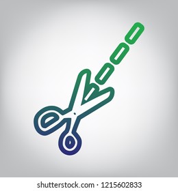 Scissors sign illustration. Vector. Green to blue gradient contour icon at grayish background with light in center.