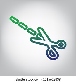 Scissors sign illustration. Vector. Green to blue gradient contour icon at grayish background with light in center.