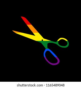 Scissors sign illustration. Vector. Icon with colors of LGBT flag at black background.