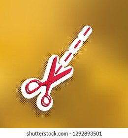 Scissors sign illustration. Vector. Magenta icon with darker shadow, white sticker and black popart shadow on golden background.