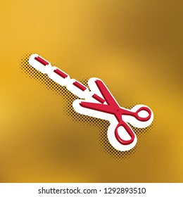 Scissors sign illustration. Vector. Magenta icon with darker shadow, white sticker and black popart shadow on golden background.