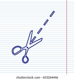 Scissors sign illustration. Vector. Navy line icon on notebook paper as background with red line for field.