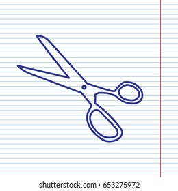 Scissors sign illustration. Vector. Navy line icon on notebook paper as background with red line for field.