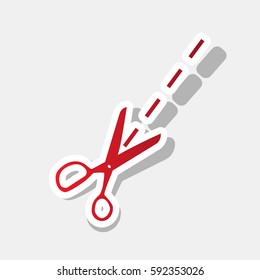 Scissors sign illustration. Vector. New year reddish icon with outside stroke and gray shadow on light gray background.