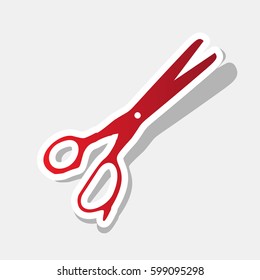 Scissors sign illustration. Vector. New year reddish icon with outside stroke and gray shadow on light gray background.